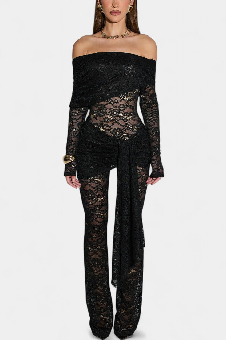 Off Shoulder Long Sleeve Sheer Lace Flared Jumpsuit 4