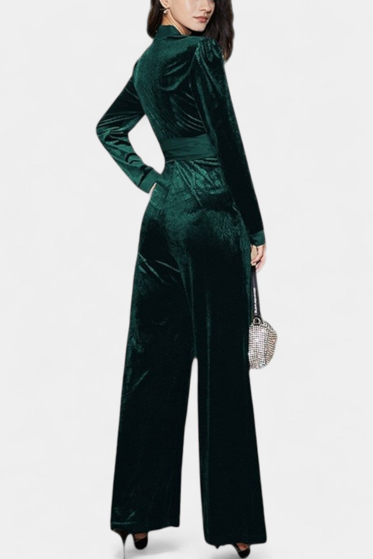 Velvet Wrap V-Neck Belted Wide Leg Jumpsuit 3