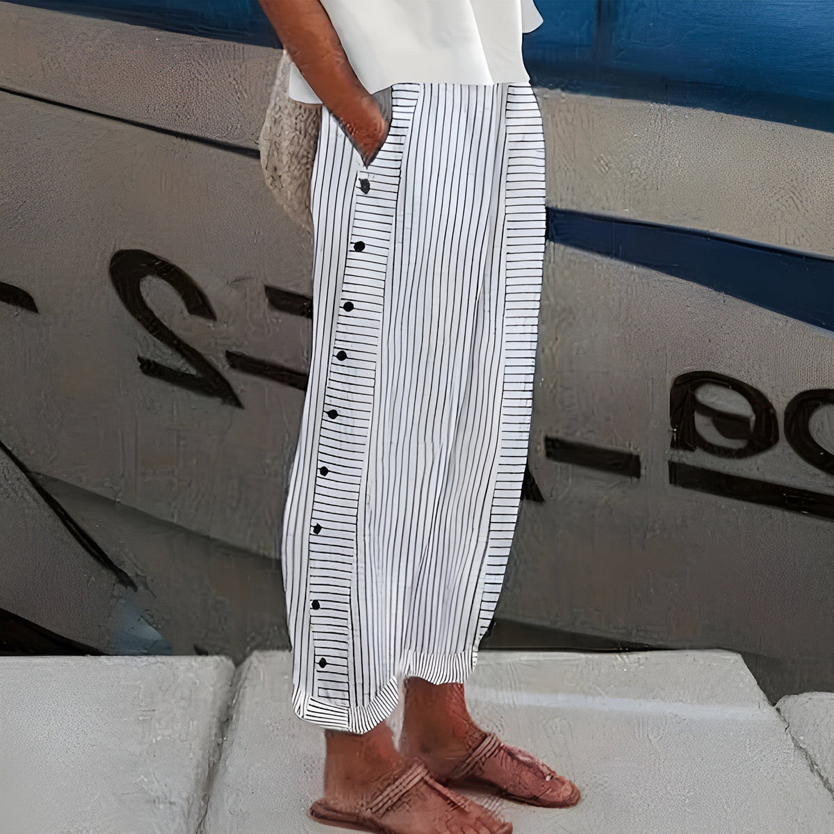 Striped Side Button Tapered Trousers 13