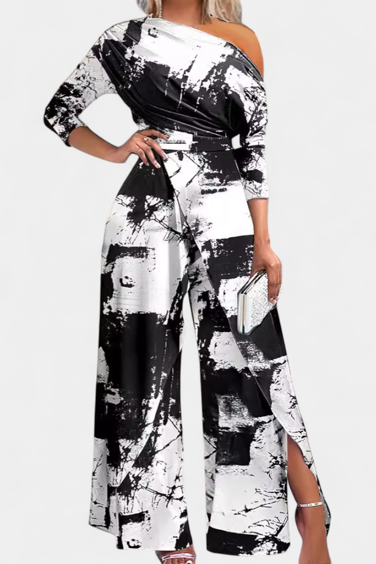 Abstract Print One Shoulder Wide Leg Jumpsuit
