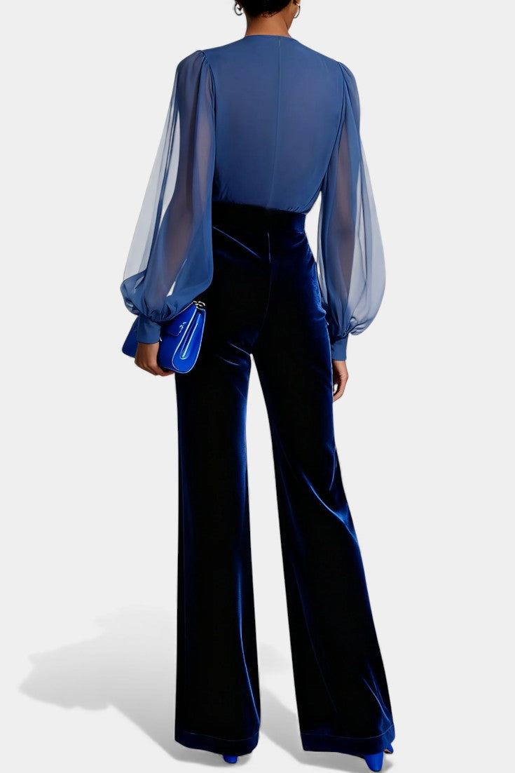 Deep V-Neck Sheer Sleeve Velvet Wide Leg Jumpsuit 2
