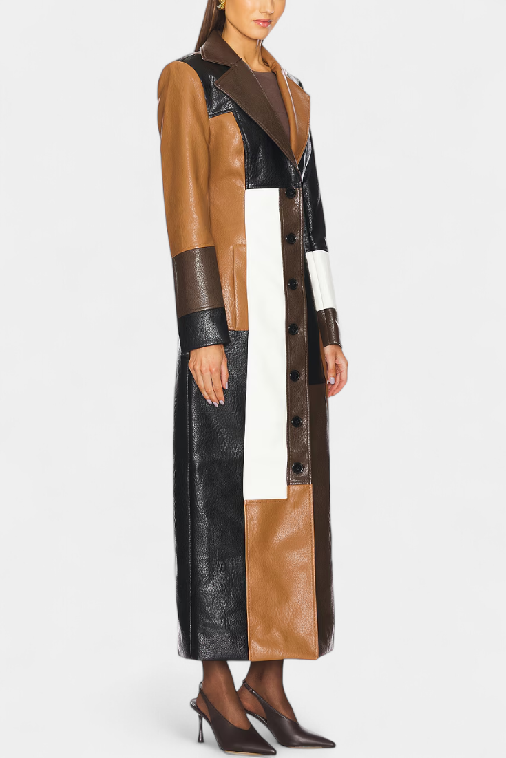 Faux Leather Patchwork Notch Lapel Button Front Longline Coat 2