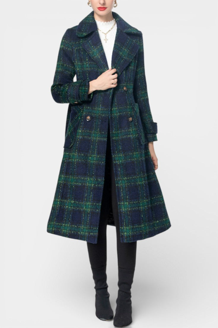 Plaid Notch Lapel Double Breasted Longline Coat