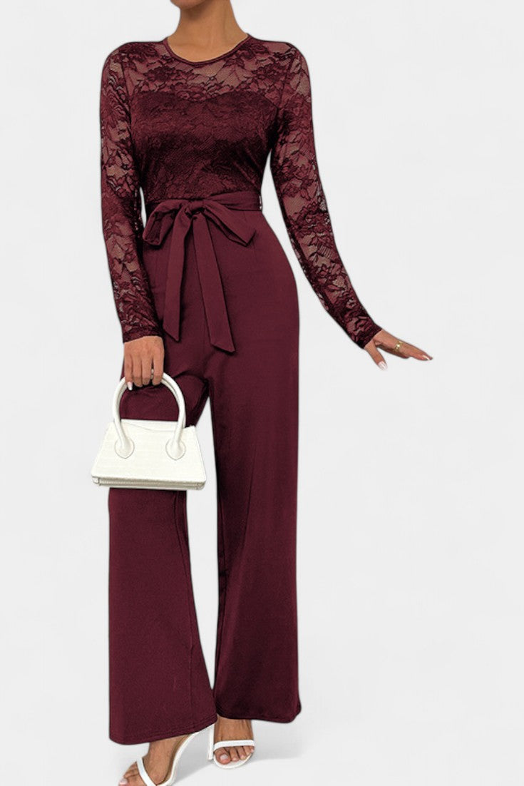 Lace Bodice Long Sleeve Belted Wide Leg Jumpsuit