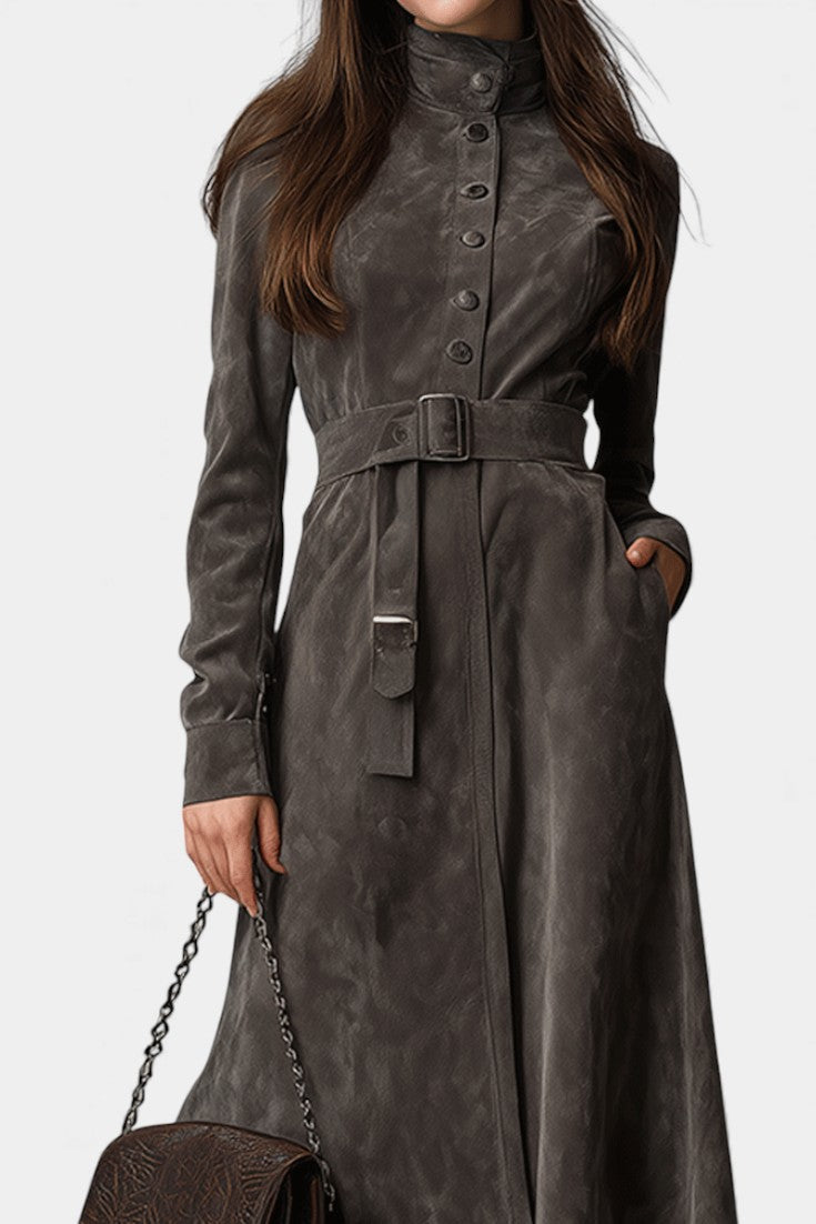 Stand Collar Button Front Belted Longline Faux Leather Coat 2