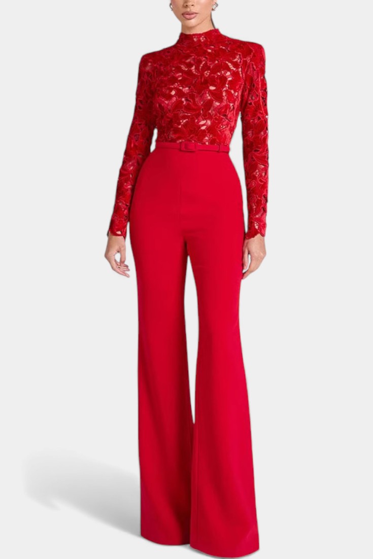 Lace High Neck Long Sleeve Wide Leg Jumpsuit