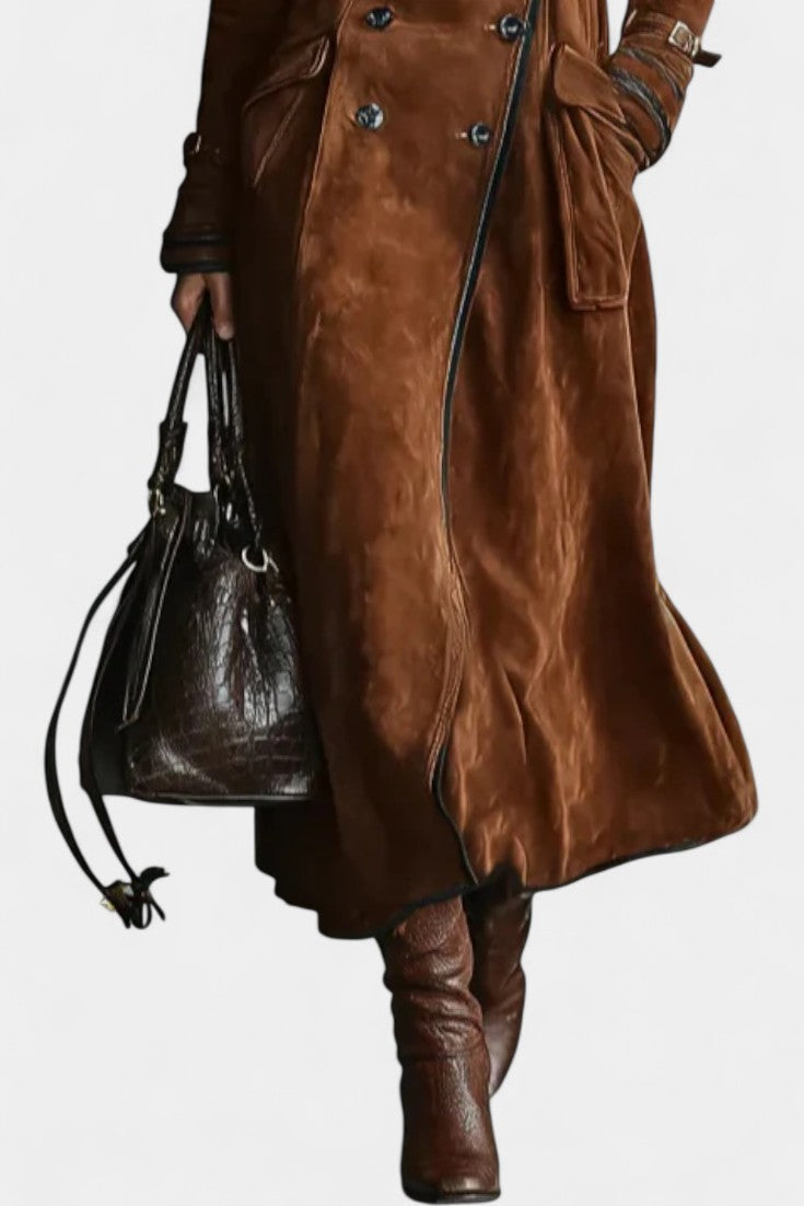 Double Breasted Contrast Trim Suede Look Longline Coat 2