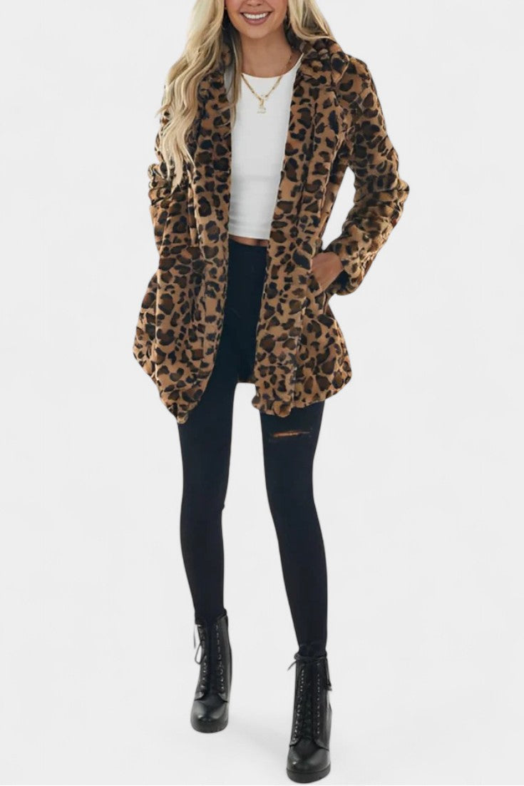 Leopard Print Faux Fur Lapel Collar Longline Coat