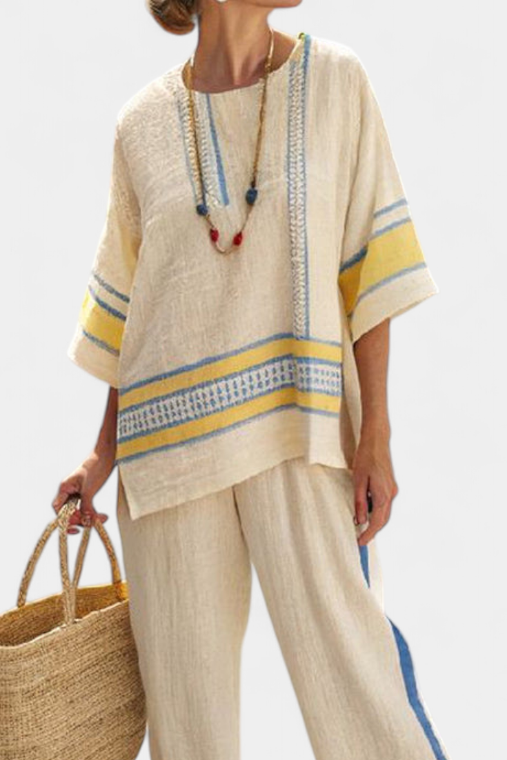 Notch Neck Embroidered Trim Top and Wide Leg Pants Two Piece Set 3