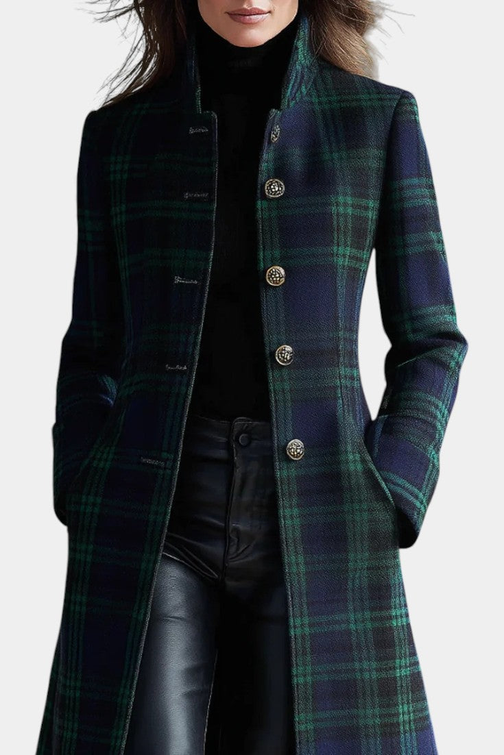 Tartan Plaid Stand Collar Button Front Longline Coat 2