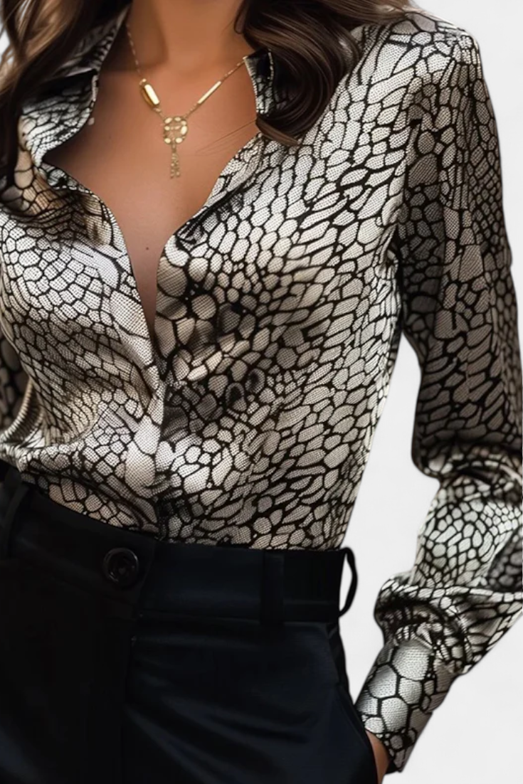 Snake Print Collared Button Front Long Sleeve Satin Shirt 2