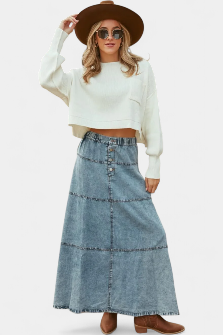 High Waist Button Front Tiered Denim Maxi Skirt 3