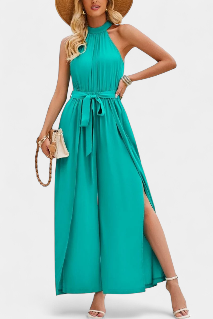 Halter Neck Belted Wide Leg High Split Jumpsuit 6