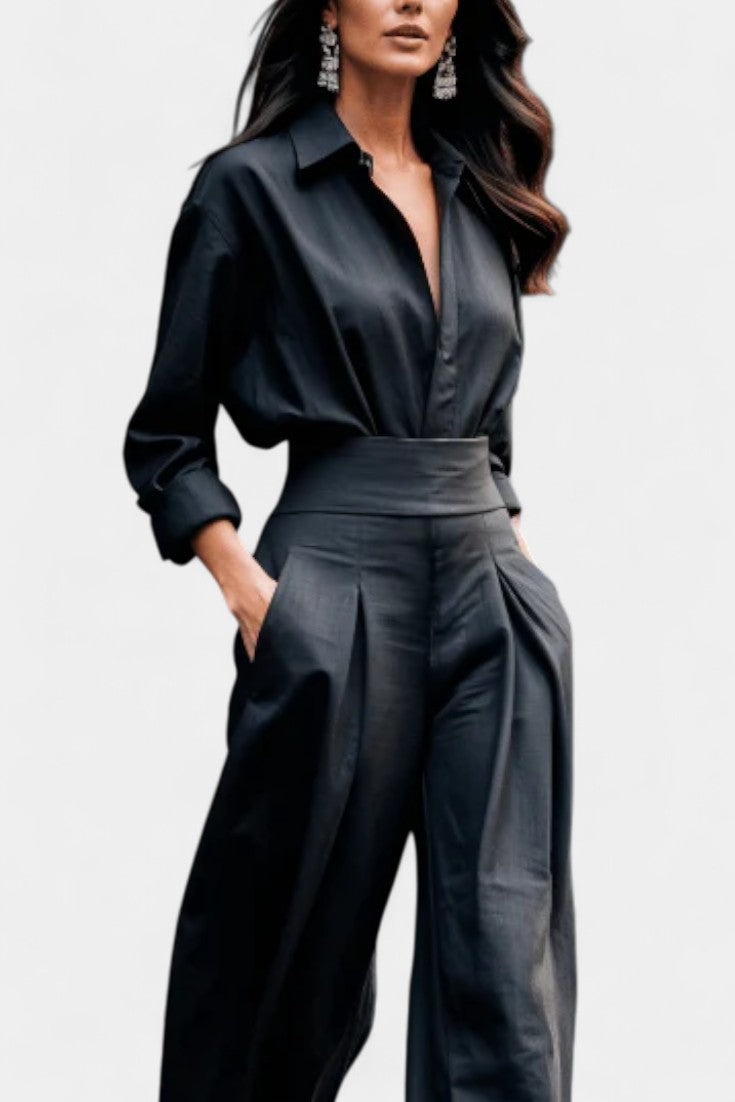 Collared Long Sleeve High Waist Denim Look Jumpsuit 5