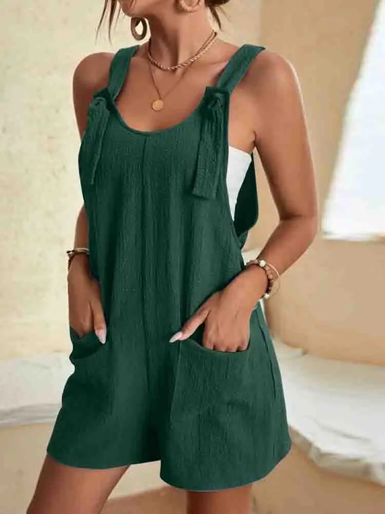 Adjustable Tie Strap Pocket Textured Short Overalls Romper 5