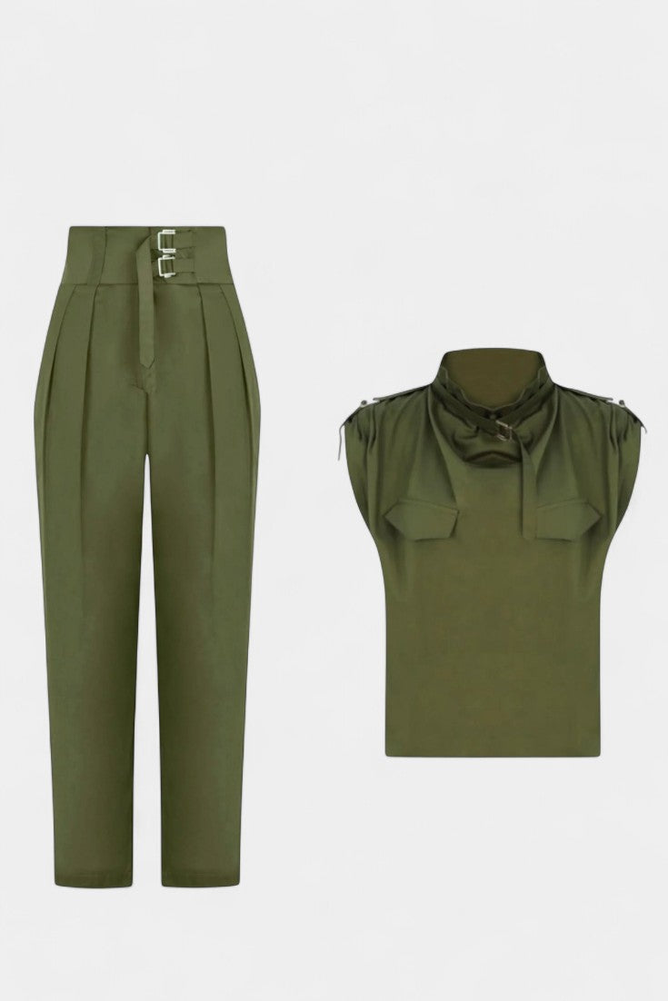 High Neck Sleeveless Top and Belted Tapered Pants Two Piece Set 8