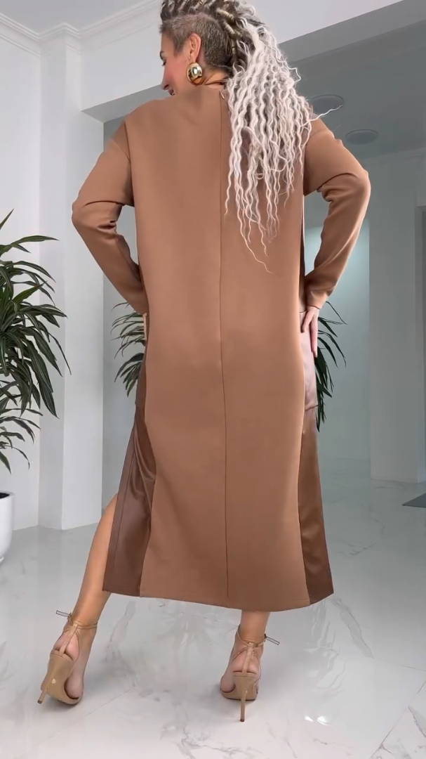 Round Neck Long Sleeve Side Split Midi Shift Dress 5