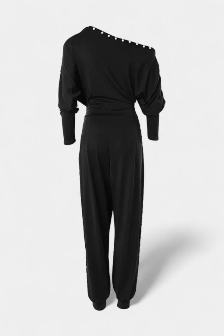 One Shoulder Pearl Bead Trim Tapered Leg Jumpsuit 5