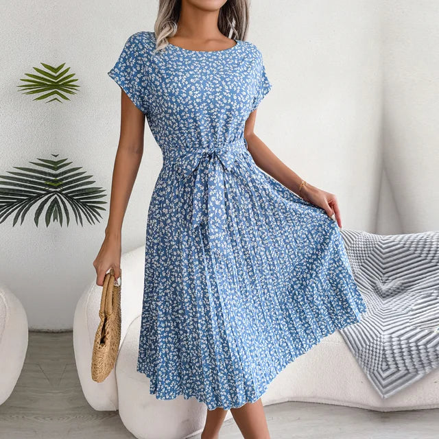 Floral Print Crew Neck Cap Sleeve Belted Pleated Midi Dress - View 2