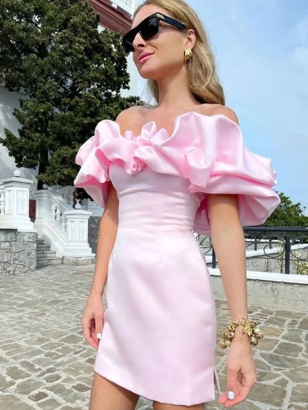 Off Shoulder Ruffle Satin Bodycon Mini Dress - View 2