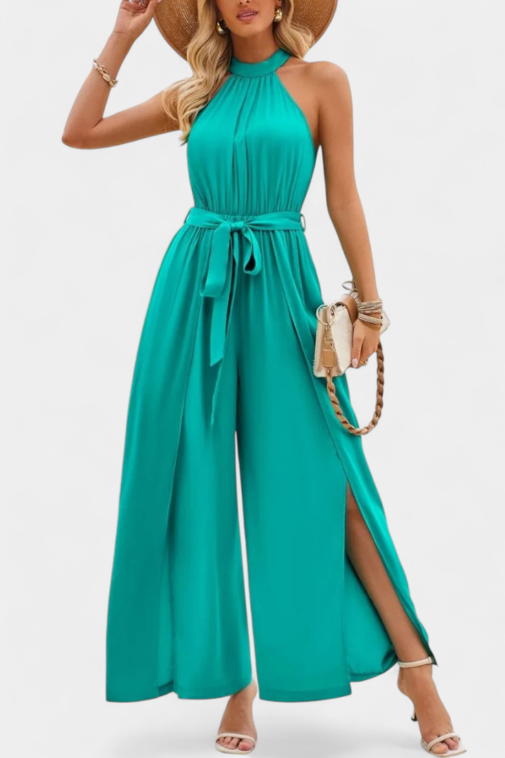 Halter Neck Belted Wide Leg High Split Jumpsuit 8