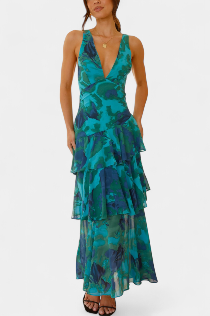 Floral Deep V-Neck Sleeveless Tiered Ruffle Maxi Dress 3