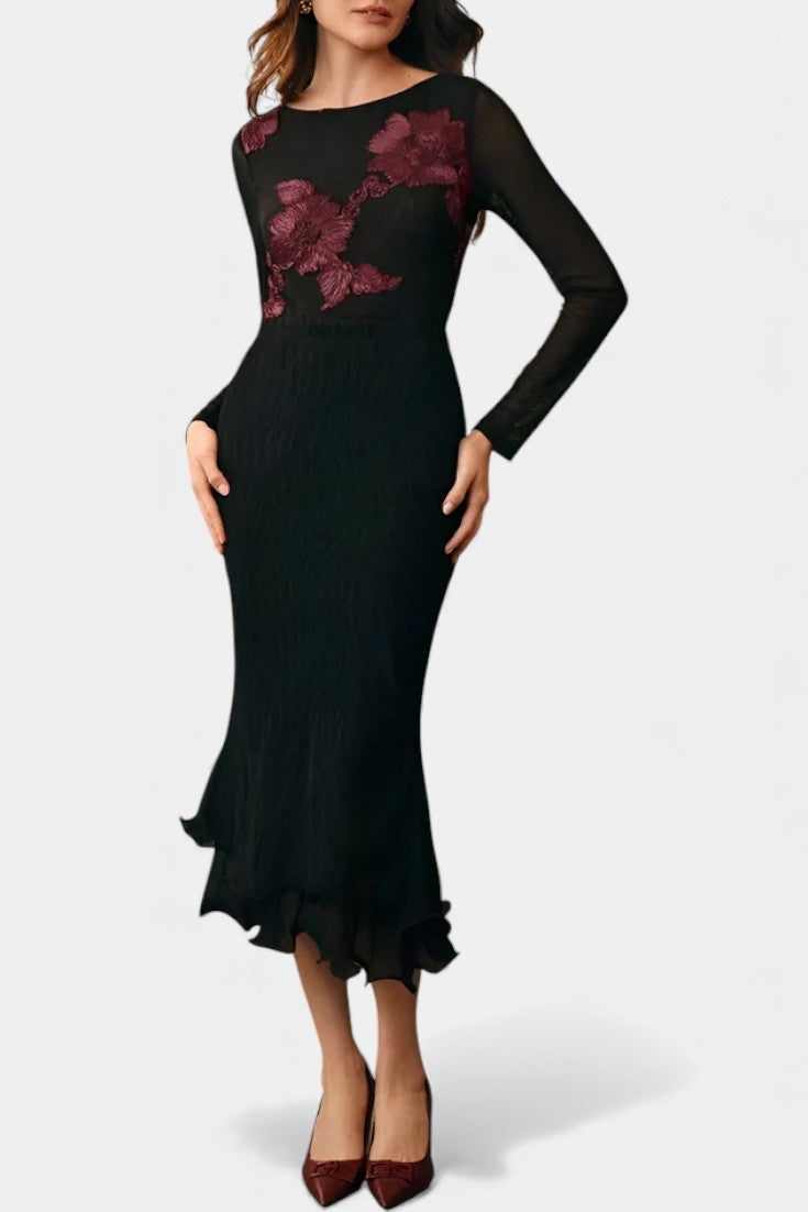 Floral Applique Boat Neck Long Sleeve Mesh Top 2