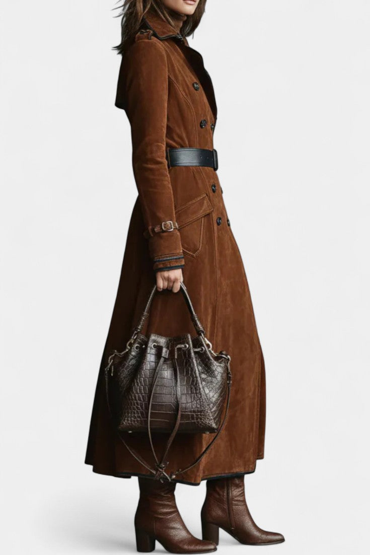 Double Breasted Contrast Trim Suede Look Longline Coat 4