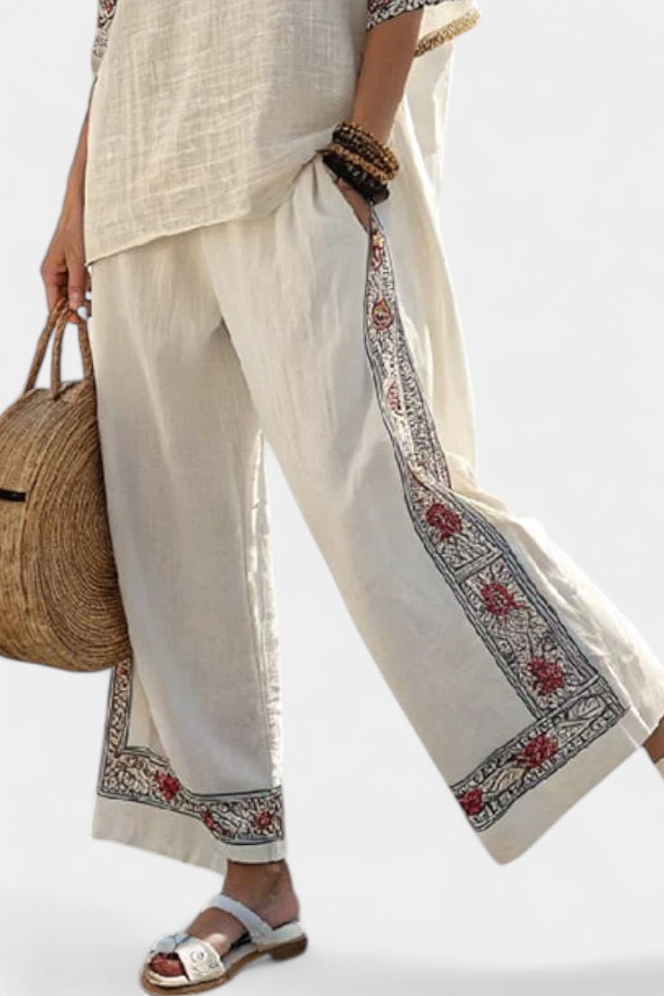 Embroidered Trim V-Neck Tunic Top and Wide Leg Pants Two Piece Set 4