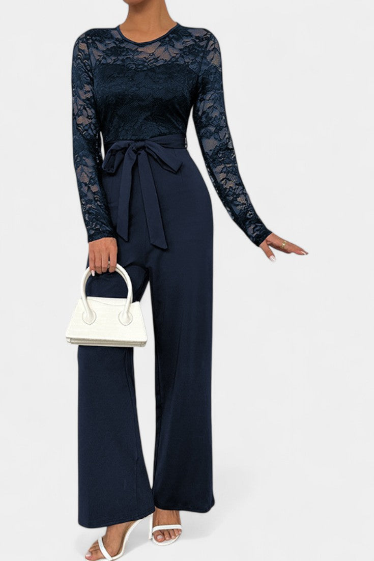 Lace Bodice Long Sleeve Belted Wide Leg Jumpsuit 7