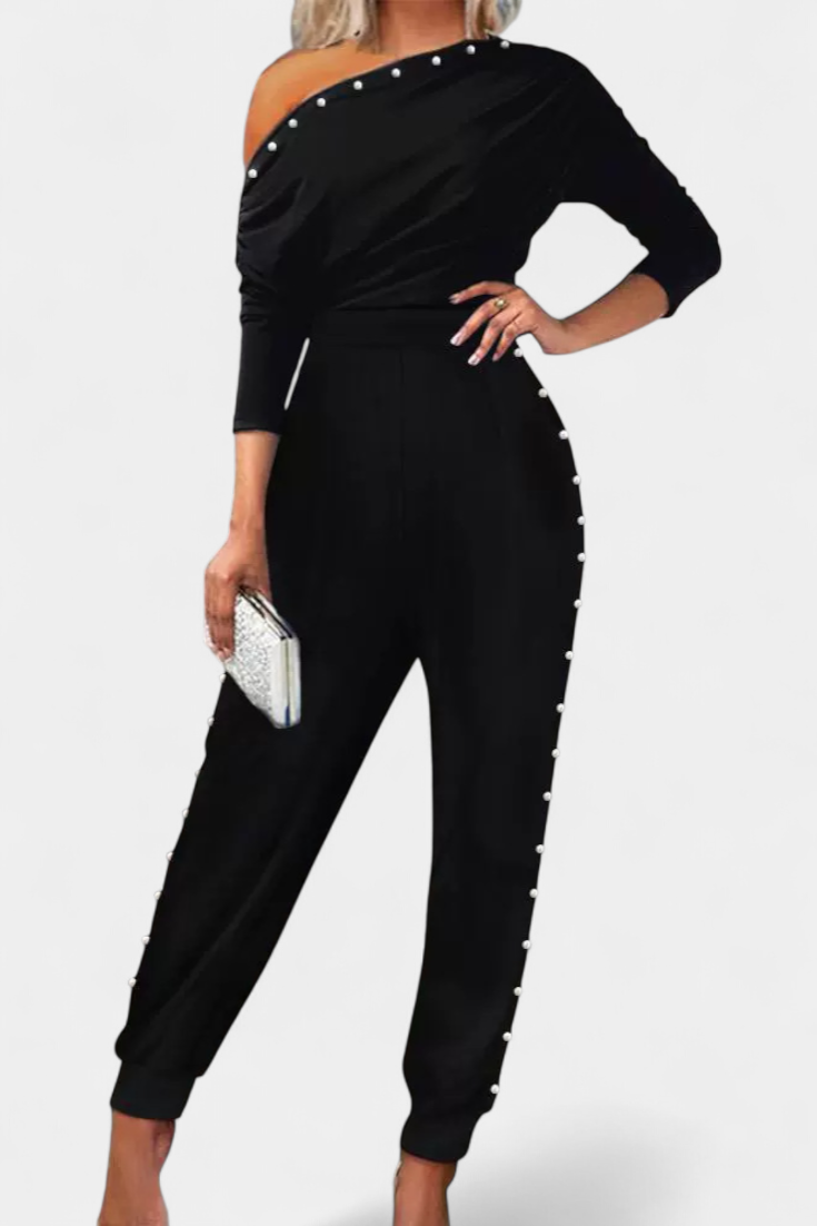 One Shoulder Pearl Bead Trim Tapered Leg Jumpsuit 2