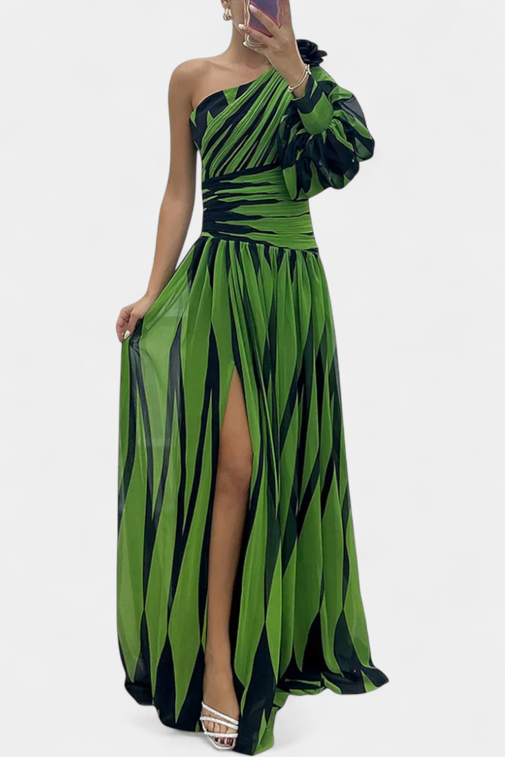 Abstract Print One Shoulder High Split Maxi Gown 8