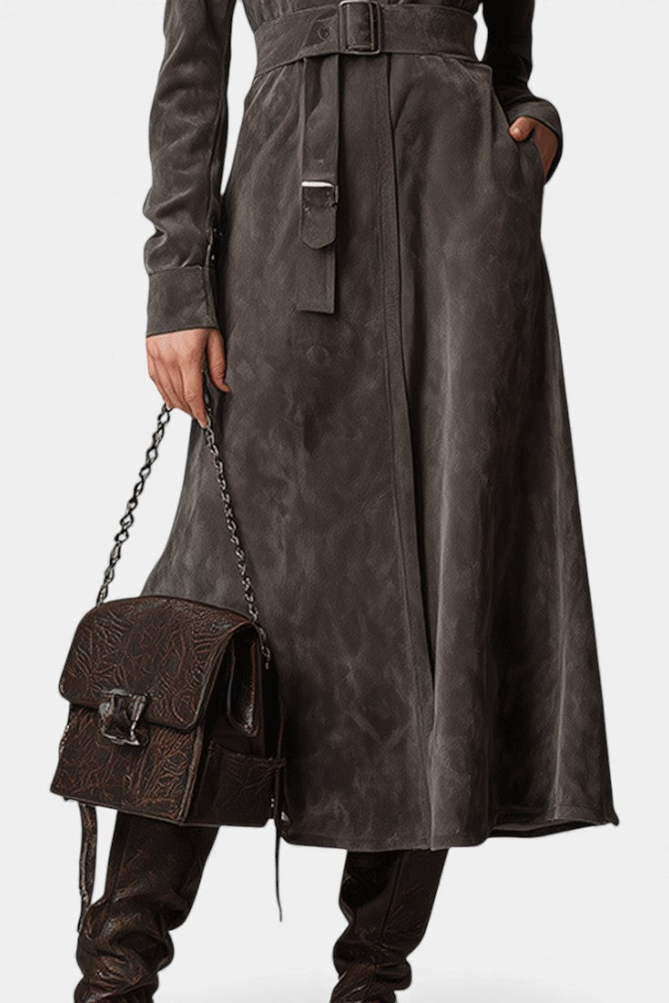 Stand Collar Button Front Belted Longline Faux Leather Coat 3