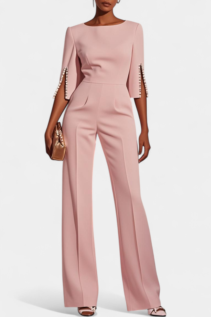 Boat Neck Pearl Trim Split Sleeve Wide Leg Jumpsuit 7