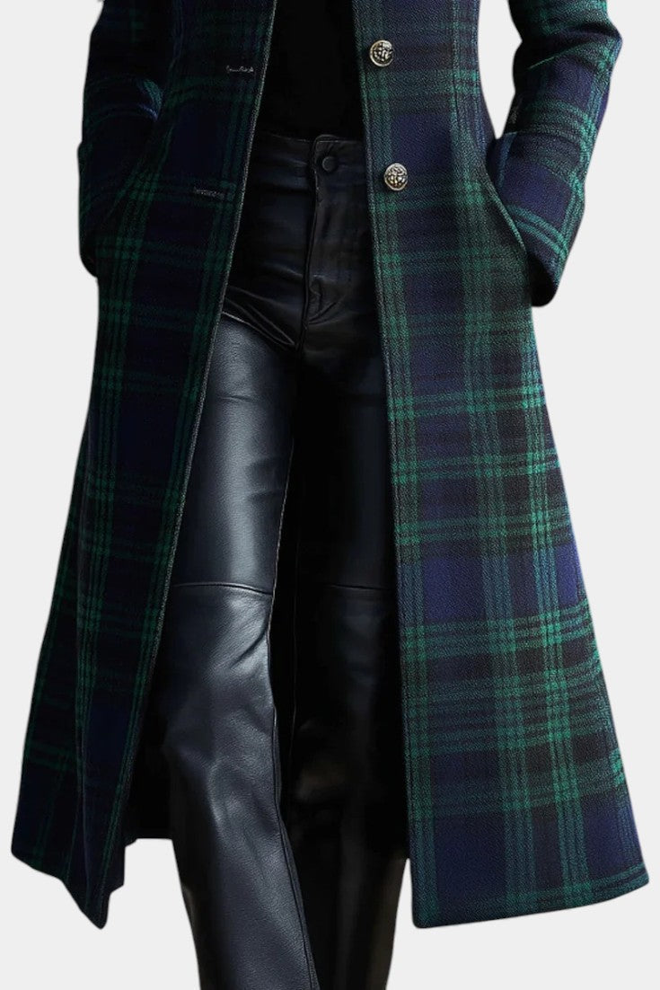 Tartan Plaid Stand Collar Button Front Longline Coat 3