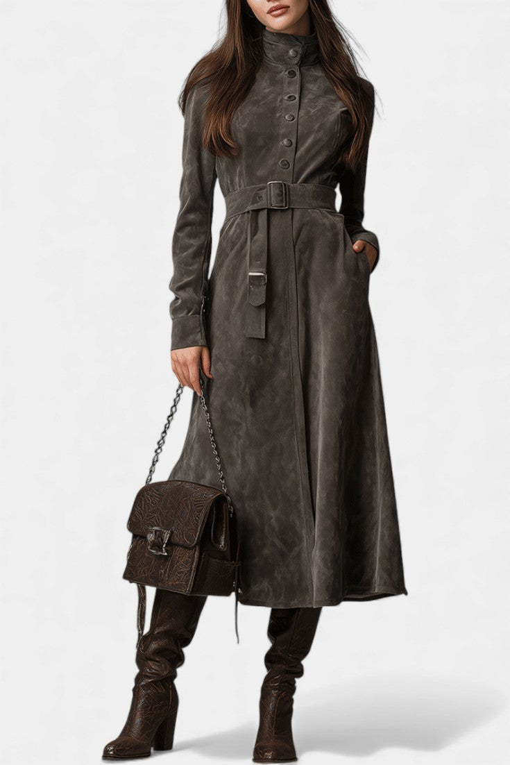Faux Suede Stand Collar Belted Longline Coat