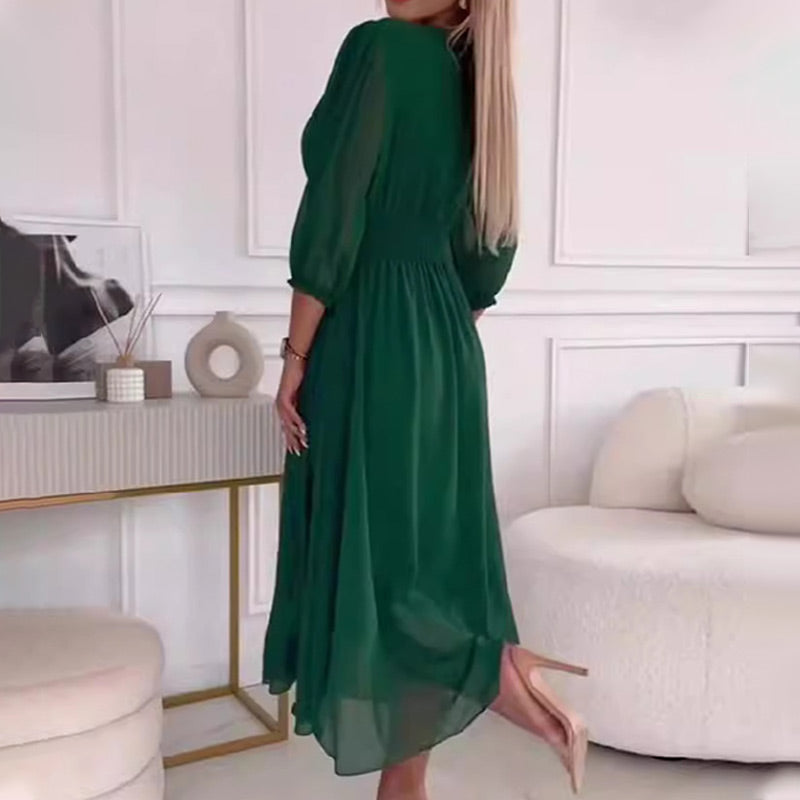 Chiffon Deep V-Neck Wrap Puff Three Quarter A-Line Midi Dress - View 13