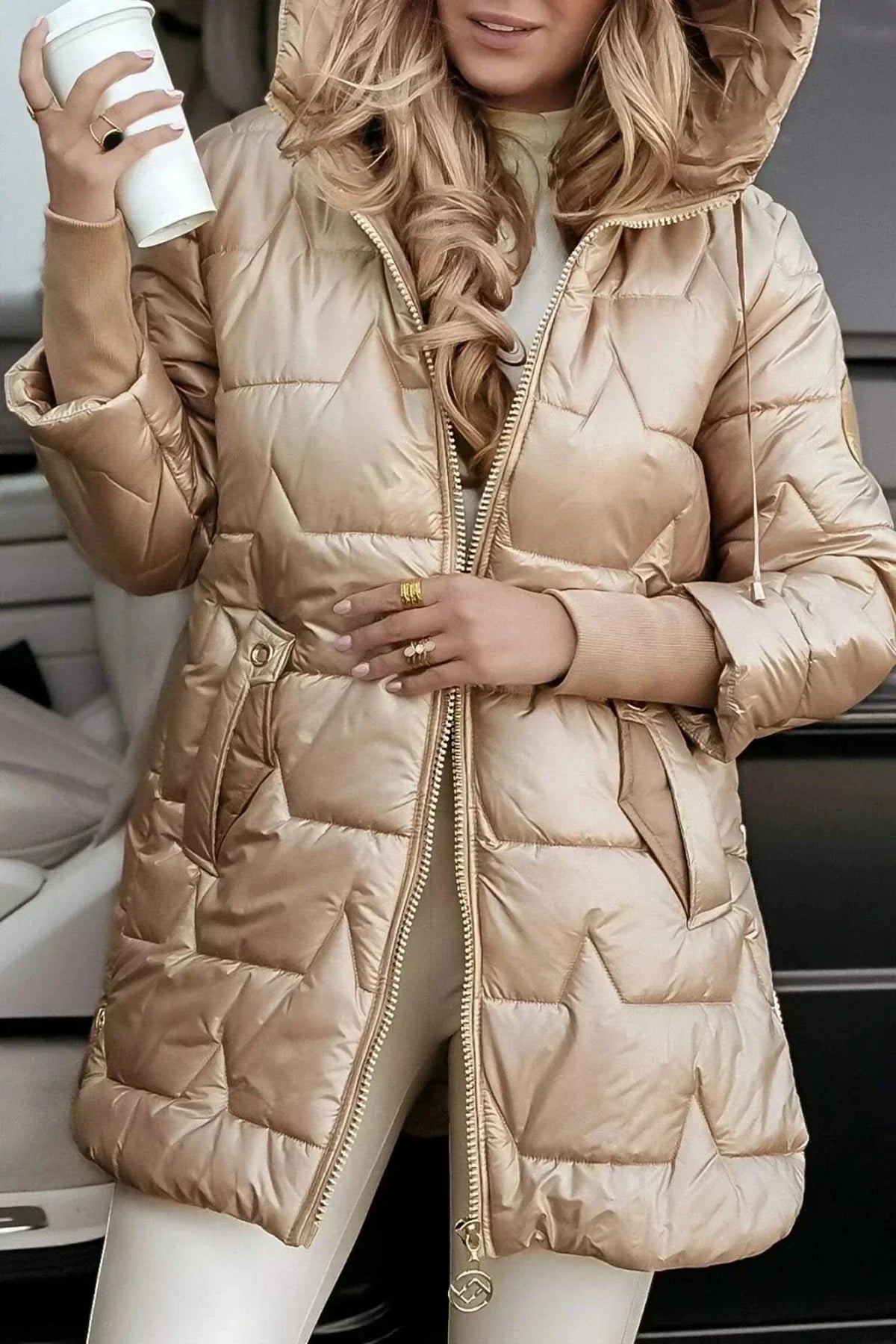 Hooded Zip Front Quilted Longline Puffer Coat 4