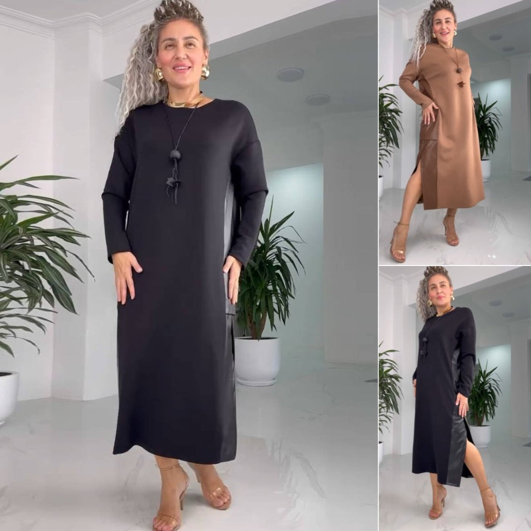 Round Neck Long Sleeve Side Split Midi Shift Dress 6