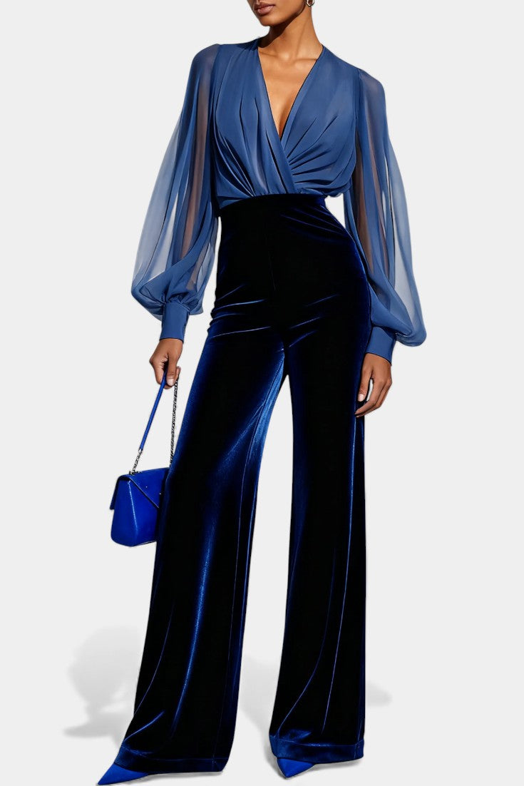 Deep V-Neck Sheer Sleeve Velvet Wide Leg Jumpsuit 4