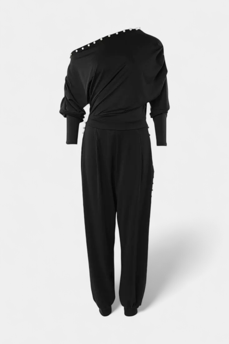 One Shoulder Pearl Bead Trim Tapered Leg Jumpsuit 4