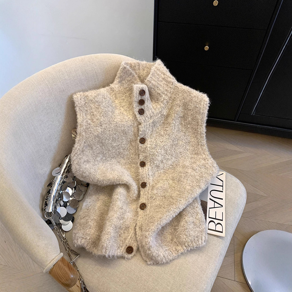 Mock Neck Button Front Sleeveless Knit Cardigan Vest