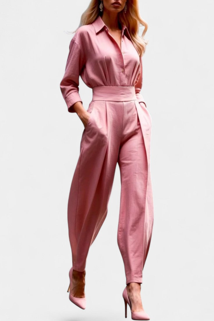 Collared Long Sleeve High Waist Denim Look Jumpsuit 8