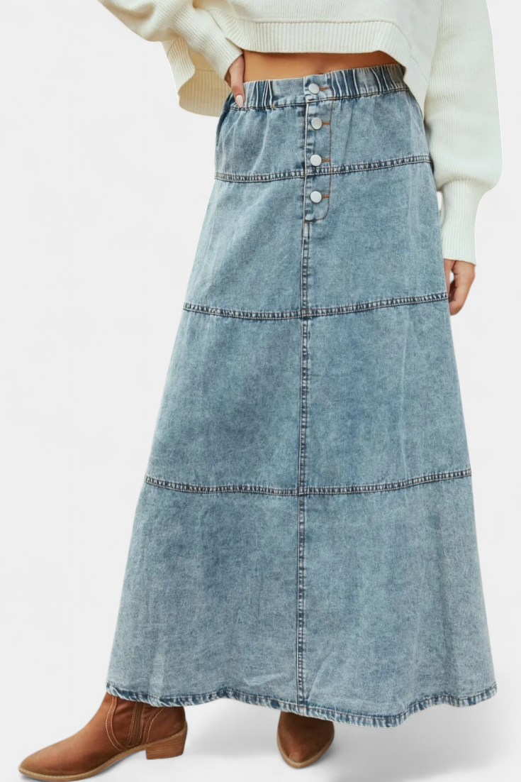 High Waist Button Front Tiered Denim Maxi Skirt