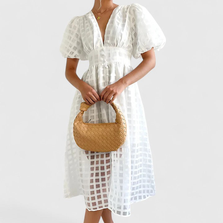 Deep V-Neck Puff Sleeve Textured Check Button Front Midi Dress 2