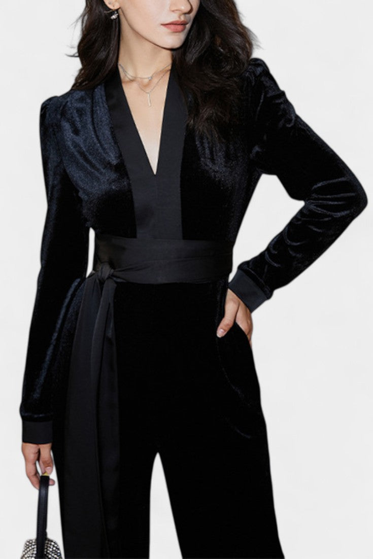 Velvet Wrap V-Neck Belted Wide Leg Jumpsuit 5