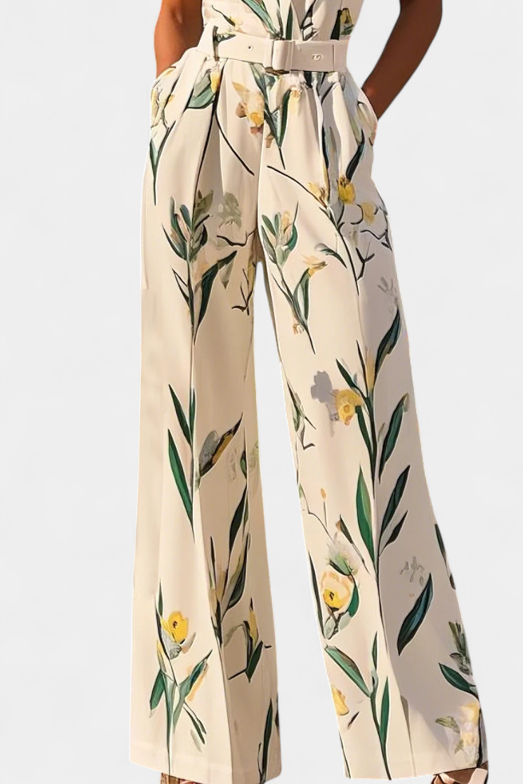 Floral Print V-Neck Sleeveless Belted Wide Leg Jumpsuit 3