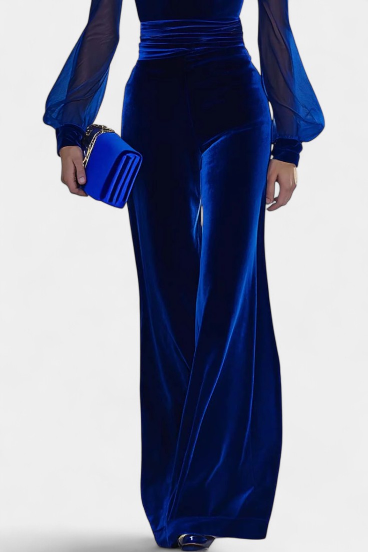 Velvet Deep V-Neck Mesh Sleeve Wide Leg Jumpsuit 3