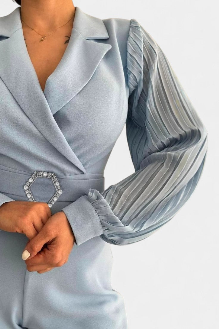 Notch Lapel Pleated Sleeve Belted Wide Leg Jumpsuit 4