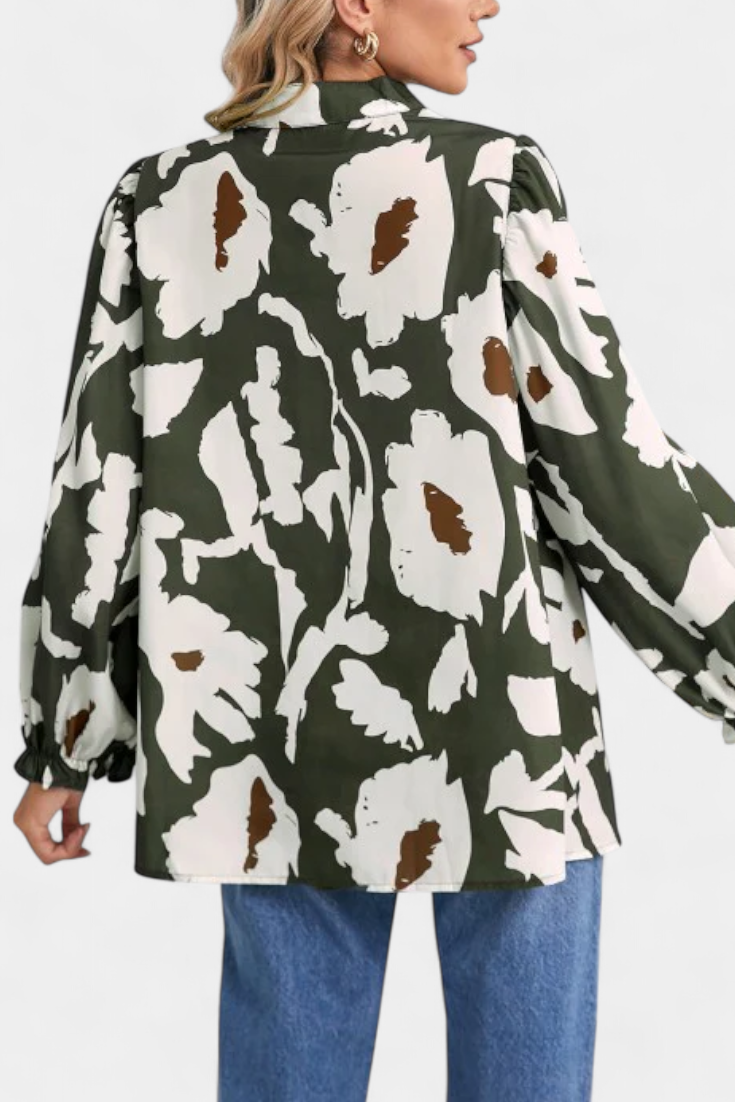 Abstract Floral Notch Neck Puff Sleeve Peplum Blouse 3